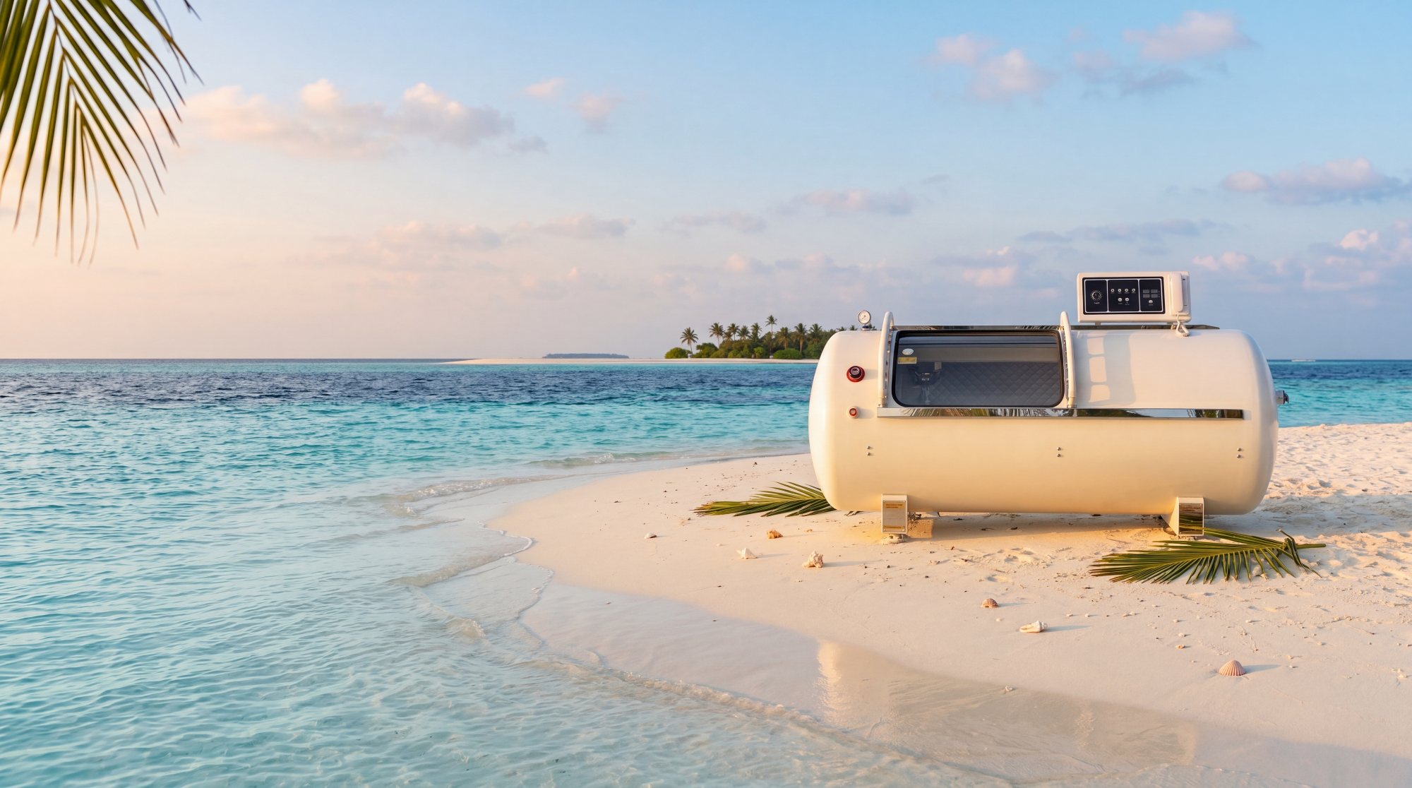 A chamber resting at the edge of a quiet beach, palm fronds at the frame.