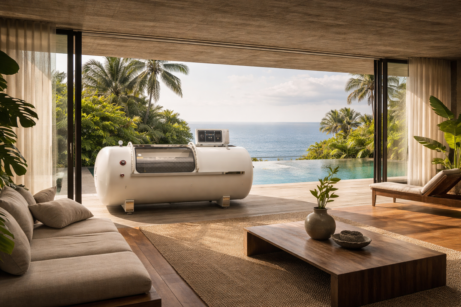 A hyperbaric chamber in a quiet open-plan living room overlooking the ocean at golden hour.