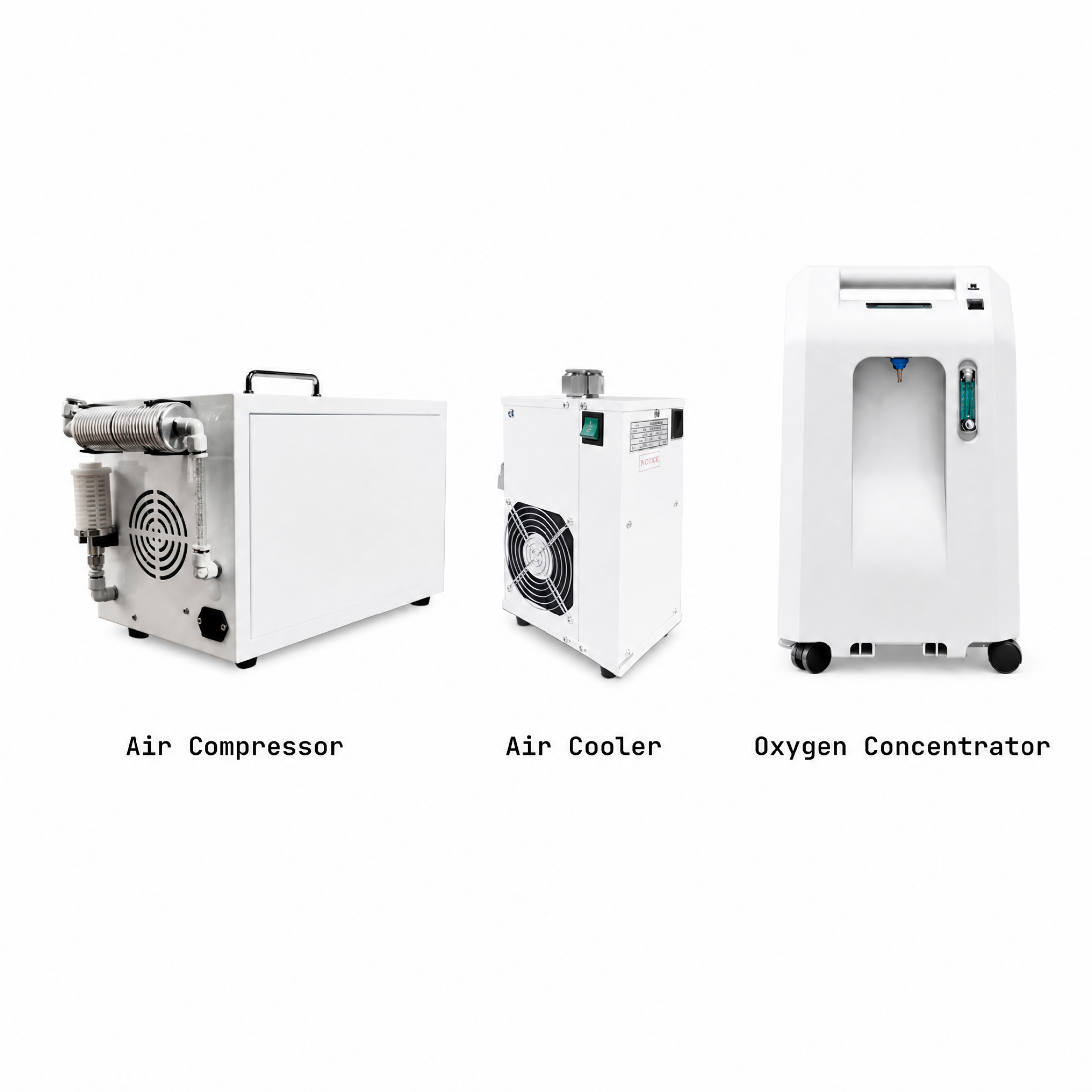 The three Meridian units — air compressor, air cooler, oxygen concentrator