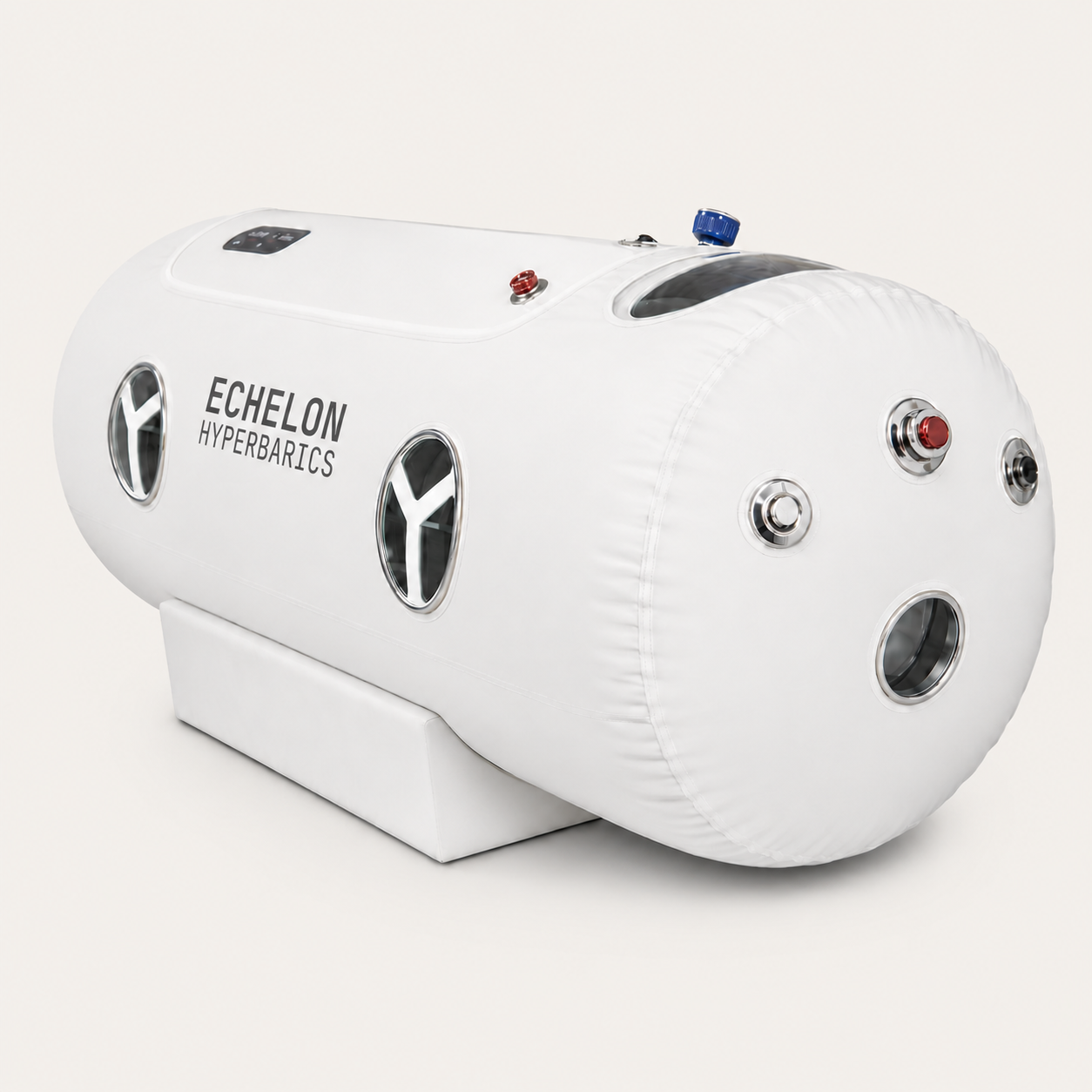 Solace / ST801 — lying-style soft-shell hyperbaric chamber, 1.3 ATA, with five large viewing windows.