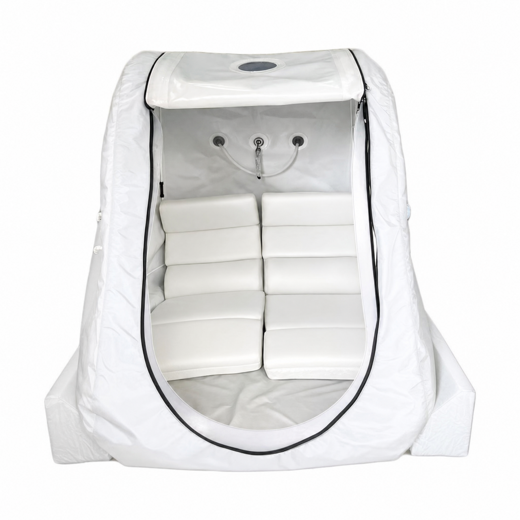 Inside Meridian: cushioned seating, viewing windows, and chamber controls